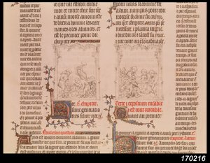Noé en el viñedo y la embriaguez de Noé, de La Biblia de Jean Sy, c.1355 de French School