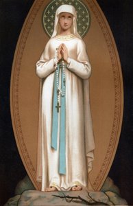 Notre Dame de Lourdes: representación de la Virgen María como habría aparecido a Bernadette Soubirous en la cueva de Lourdes en 1858. Cromolitografía. Frontispicio de “Notre Dame de Lourdes” por Henri Lasserre de French School