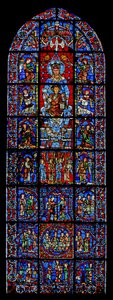 Notre Dame de la Belle Verrière; abajo están las escenas de las bodas de Caná y la tentación de Cristo en el desierto de French School