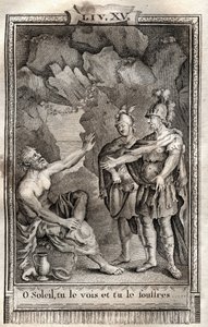 ¡Oh Sol, lo ves, y lo sufres! Ulises me respondió sin moverse: Júpiter lo quiere... grabado de 1798 por Monnet en “Las Aventuras de Telémaco, hijo de Ulises” por François de Salignac de La Mothe-Fénelon llamado Fénelon -