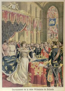 Juramento de la Constitución de la Reina Guillermina (1880-1962) en la Nieuwe Kerk (Iglesia Nueva) Ámsterdam, 31 de agosto de 1898, ilustración de Le Petit Journal, septiembre de 1898 de French School