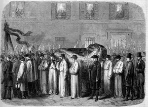 Funerales de Jean Baptiste (Giovanni Battista) Niccolini (1782-1861), 21 de septiembre de 1861: convoy fúnebre llevando los restos del poeta italiano por las calles de Florencia (Firenze), Italia. Grabado en “Le Monde Illustré” n°234 del 5 de octubre de French School