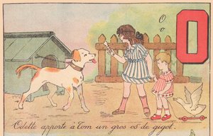 Odette le trae a Tom un hueso grande de la pierna, hacia 1920 (huella) de French School