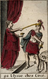 Odisea de Homero: el héroe Ulises en Circe la maga. Detrás de él, sus compañeros que ella convirtió en cerdos. De “Mitología de la juventud” por Pierre Blanchard 1803 de French School