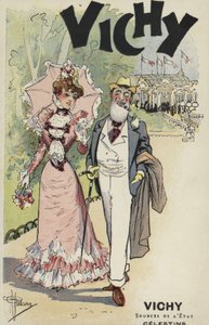 Anciano y joven caminando, anuncio de Vichy de French School