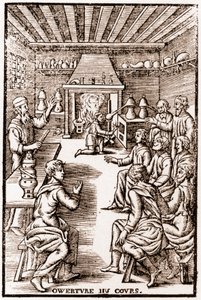 Apertura del curso de química transmutatoria - grabado de 1653 en “LE VRAY ET METHOD COURSES DE PHYSICS RESOLUTIVE” de Annibal Barlet de French School