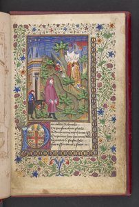 Página de apertura. Un caballero en un paisaje, seguido de otro montado a caballo, con tres damas.  Le livre des quatre dames; por Alain Chartier. Le livre des quatre damas; por Alain Chartier.  Chartier, Alain, sin especificar, secretario de Carlos V de French School