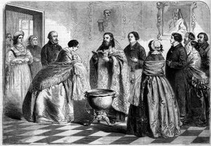 Rito ortodoxo - bautismo: ceremonia de bautismo, según el rito griego, en la alta sociedad rusa en 1858. El niño es presentado al Papa por su madrina antes de ser sumergido en el baptisterio. Grabado en “Le Monde Illustré” n°81 del 30 de octubre de French School