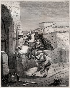 Otto II, emperador del Sacro Imperio Romano ante París - Otón II del Sacro Imperio, conocido como el Rojo (955-983) irritado por no poder penetrar en París (sede de París, 978), avanza bajo los muros de la ciudad para plantar su lanza en la puerta - grabad de French School