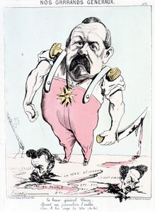 Nuestros grandes generales: el valiente General Vinoy cuando un periodista lo molesta, crack, le corta la cabeza. Caricatura sobre Vinoy y la Comuna.