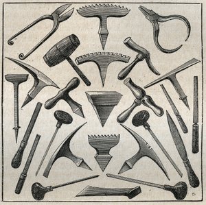 Herramientas del orfebre. Grabado de 1885 en “Les arts et métiers illustrés” de Adolphe Bitard. de French School