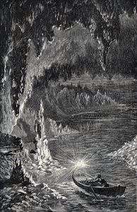 Cueva de Padirac en el departamento de Lot, en Francia - Río subterráneo - Gouffre de Padirac - en el Lot en Francia - grabado en "PATRIE" - DESCRIPCIÓN PICTÓRICA DE FRANCIA EN 6 VOLÚMENES POR LUCIEN HUARD - finales del siglo XIX de French School