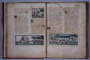 Páginas 57 y 58, de Le Livre du Roy Modus et de la Royne Racio, por Henri de Ferrieres, c.1420 de French School