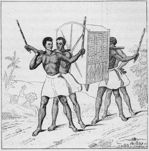 Viaje en palanquín a la Isla de Borbón (Isla Reunión) en el siglo XVIII. Grabado en “La Marine et les colonies: commerce” de French School