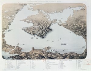 Vista panorámica y plano de Sebastopol y la costa del Mar Negro en la época de la Guerra de Crimea, 1855