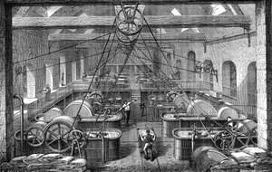 Industria papelera: taller para refinar y blanquear la pasta de papel. Grabado 1867 de French School