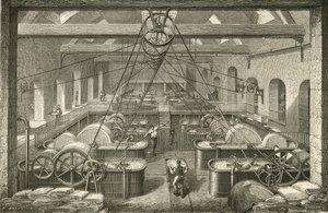 Fabricación de papel: blanqueo de pasta de trapo. Grabado c1870.