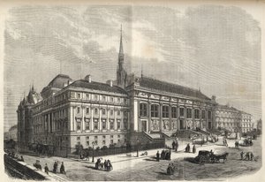 París - nueva fachada del palacio de justicia, construida por Joseph-Louis Duc (1802-1879) - (Fachada Oeste, en la Rue de Harlay) grabado de 1869 de French School