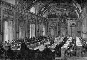 París, 4 de agosto de 1871: primera reunión del consejo municipal en la Sala del Trono del Palacio de Luxemburgo. Grabado en "Le Monde Illustré" n°748 del 12 de agosto de 1871 de French School