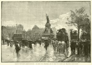 París Durante la Exposición, la plaza de la República, punto de partida de los coches para la Exposición, un día de lluvia