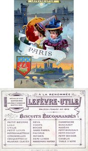 París, anverso y reverso de una tarjeta promocional para las galletas Lefèvre-Utile (LU), finales del siglo XIX de French School
