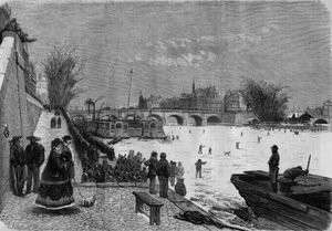 París, invierno 1868: el Sena congelado. Vista del río a la altura del puente Neuf. Grabado en "Le Monde Illustre" n°561 del 11 de enero de 1868. de French School