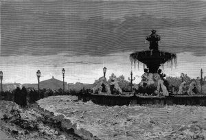 París bajo la nieve, invierno de 1879-1880: vista de una de las fuentes de la Place de la Concorde durante la helada. Grabado por Scott en “The Illustrous World” n°1188 del 3 de enero de French School