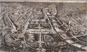 París vista desde el Arco de Triunfo de la Estrella - Rue de Rivoli y el Sena - grabado en 