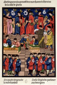 Tráfico comercial parisino: los prebostes de los comerciantes y los échevins, el trasplante, el receptor, el fiscal, el secretario, los sargentos de bienes... - facsímil de una miniatura de la Edad Media de French School