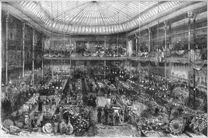 Grandes almacenes parisinos: vista de la sala de la tienda Pequeño Saint Thomas en 1878. Grabado de Scott en 