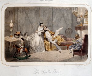 Veladas parisinas: "junto al fuego" Una pareja de burgueses y niños sobre un caballo de madera en un interior. Litografía del París del siglo XIX. Artes decorativas
