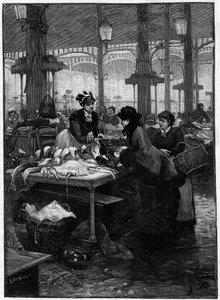 Escena parisina en el siglo XIX: un vendedor de pescado y un cliente en las Halles centrales. Grabado de Derbier a partir de la pintura de Gilbert. Finales del siglo XIX. En "Las capitales del mundo: París" de French School
