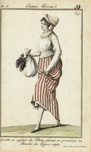 Dependienta parisina con bata casual de mañana, 26 de marzo de 1798 (grabado en cobre coloreado a mano) de French School