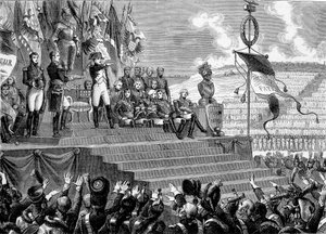 Fiesta en los Campos de Boulogne: Napoleón I cónsul. Grabado - en 