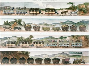 Pasajeros y carga en la primera línea francesa abierta entre Lyon y St. Etienne, 1829 (litografía en color) de French School