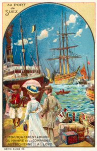 Pasajeros embarcando en un barco de la línea Austrian Lloyd en el puerto de Suez, Egipto de French School