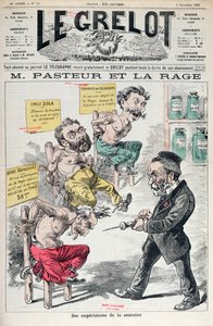 Pasteur y la rabia, caricatura de los experimentos de Louis Pasteur (1822-95) de Le Grelot, 8 de noviembre de 1885 de French School