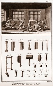 Patenotrier (fabricante de rosarios) - trabajo y herramientas - "La Gran Enciclopedia, ou Dictionnaire Raisonne des Sciences, des Arts et des Metiers" (Enciclopedia o Diccionario de las Ciencias, Artes y Profesiones) por Denis Diderot (1713-1784) y Jean d