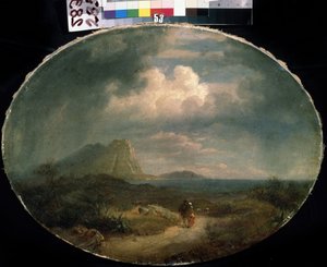 ""Paisaje italiano"" Paisaje costero en un clima tormentoso con una pareja caminando por una carretera. Pintura de la escuela francesa de principios del siglo XIX. Museo de Arte Mikhail Kroshitsky, Sebastopol (Sebastopol) Ucrania de French School