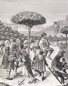 Bailes campesinos de las fiestas de mayo, después de una miniatura en un libro de oraciones del siglo XV, de 