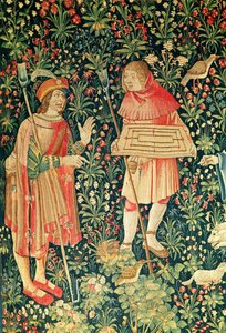 Campesino llevando un tablero de juego de marelle, del Jeu de Marelle et Cueillette de Fruits, Taller de Loire, 1510 de French School