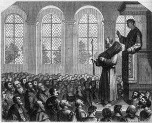 Persecuciones de protestantes en Inglaterra en el siglo XVI: penitencia pública de James Bainham en San Pablo. Acusado de herejía, fue condenado a estar ante el púlpito, con un haz de leña en la cabeza, durante un sermón pronunciado contra él.