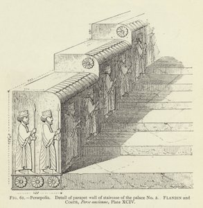 Persépolis, detalle del parapeto de la escalera del palacio No 2 (grabado)