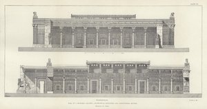 Persépolis, Salón de las Cien Columnas, elevación geométrica y sección longitudinal, restaurado por Ch Chipiez