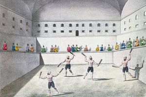 Atletas persas ejercitándose en un gimnasio, c.1820 (grabado en color)