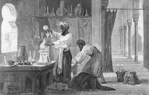 El alquimista persa Rhazes en su laboratorio (grabado) de French School