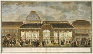 Vista en perspectiva de la Sala del Carrusel, construida para la ocasión del matrimonio de Monseigneur Le Dauphin, grabado por Oubrier de French School