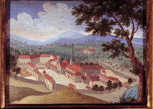 Vista en perspectiva de la abadía de Port Royal des Champs. Vista del convento de Port-Royal-des-Champs. Pintura anónima del siglo XVIII. Port Royal, Museo Des Granges.