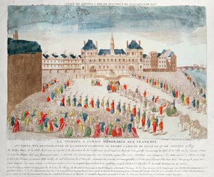 Vista en perspectiva de la llegada de Luis XVI (1754-93) al Hotel de Ville, 17 de julio de 1789 de French School