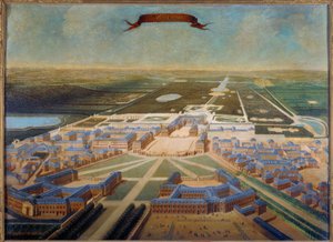 Vista en perspectiva de las caballerizas del castillo y los jardines de Versalles a finales del reinado de Luis XIV, alrededor de 1710-1715 de French School